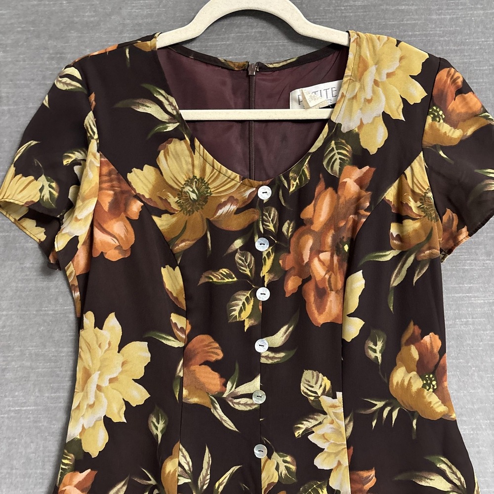 Vintage Petite Sophisticate Dress L Petite Brown Yellow Floral A Line Midi 90s - Picture 4 of 9